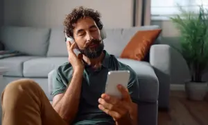 Mężczyzna w słuchawkach z telefonem w ręku, zrelaksowany na podłodze obok kanapy.