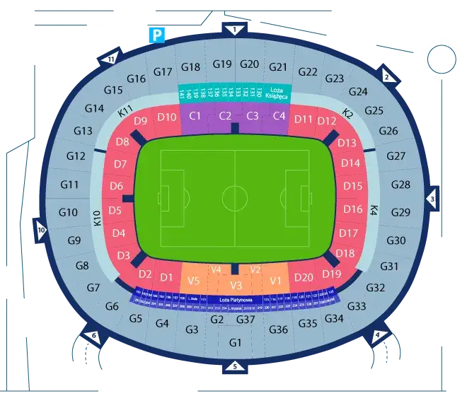 Mapa stadionu z zaznaczonymi sektorami biletowymi